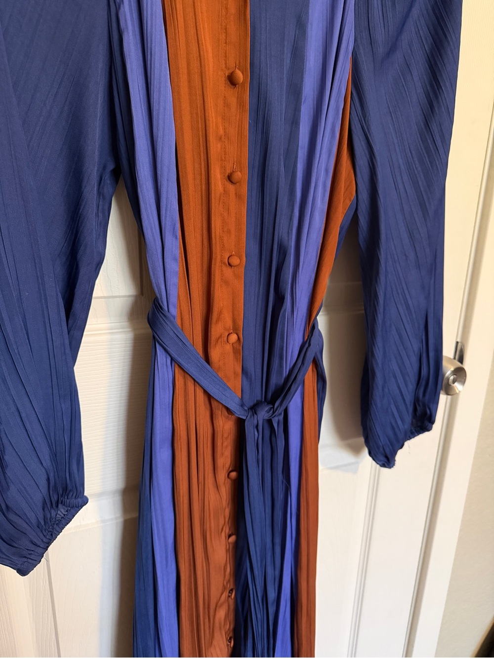 Anthropologie Maeve Medieval Blue and Rust Colorblock Tie-Waist Midi Dress Sz S - Picture 5 of 9